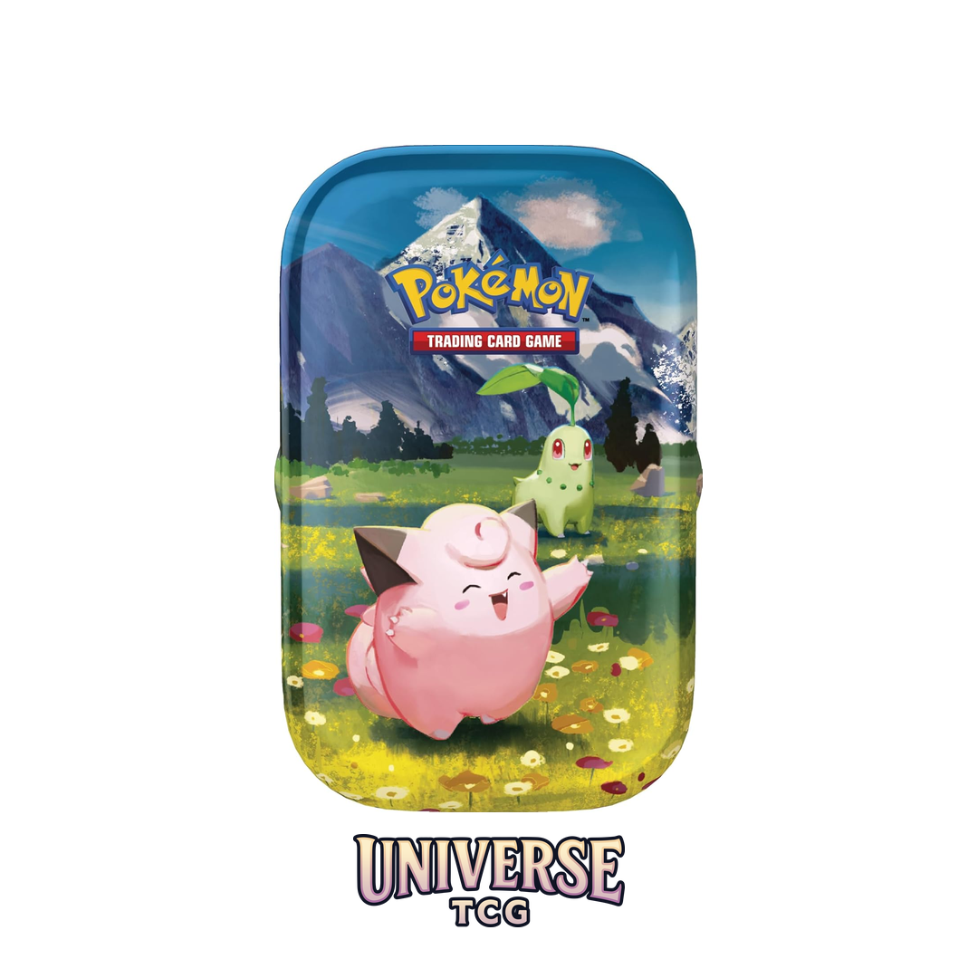 Pokémon trading card game tin with cartoon characters and mountain landscape Mini Tin Ascended Heroes Heroes Ascendentes Min Lata  Clefairy Chikorita