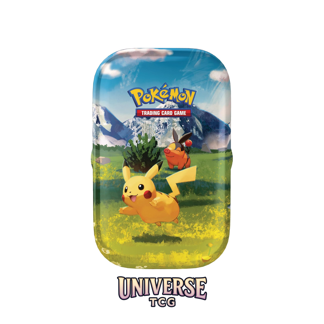 Pokémon trading card game packaging with cartoon characters on a scenic background Mini Tin Ascended Heroes Heroes Ascendentes Min Lata Pikachu Tepig 