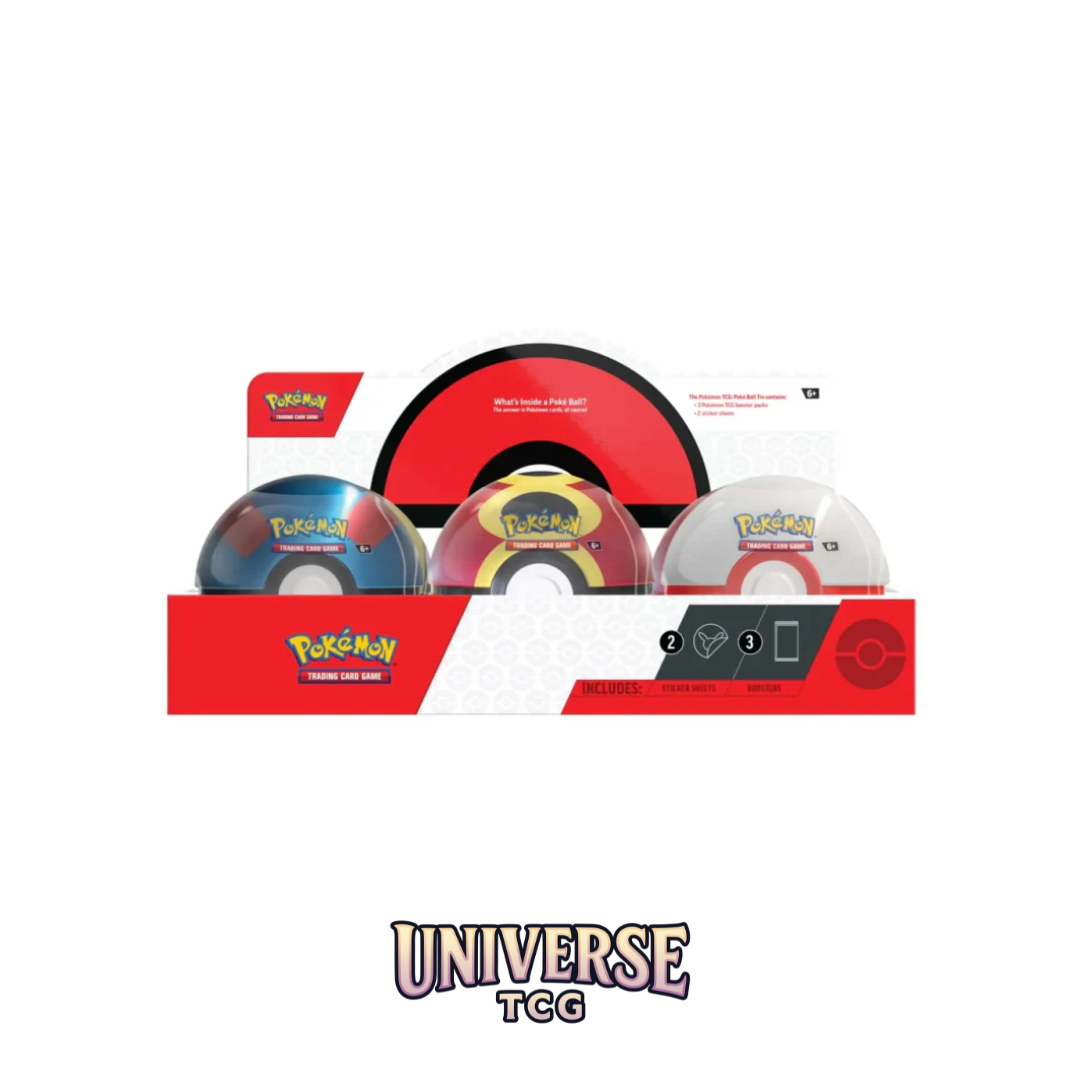 Pokémon trading card game packs with red and white design on a white background Pokéball Tin Assortment