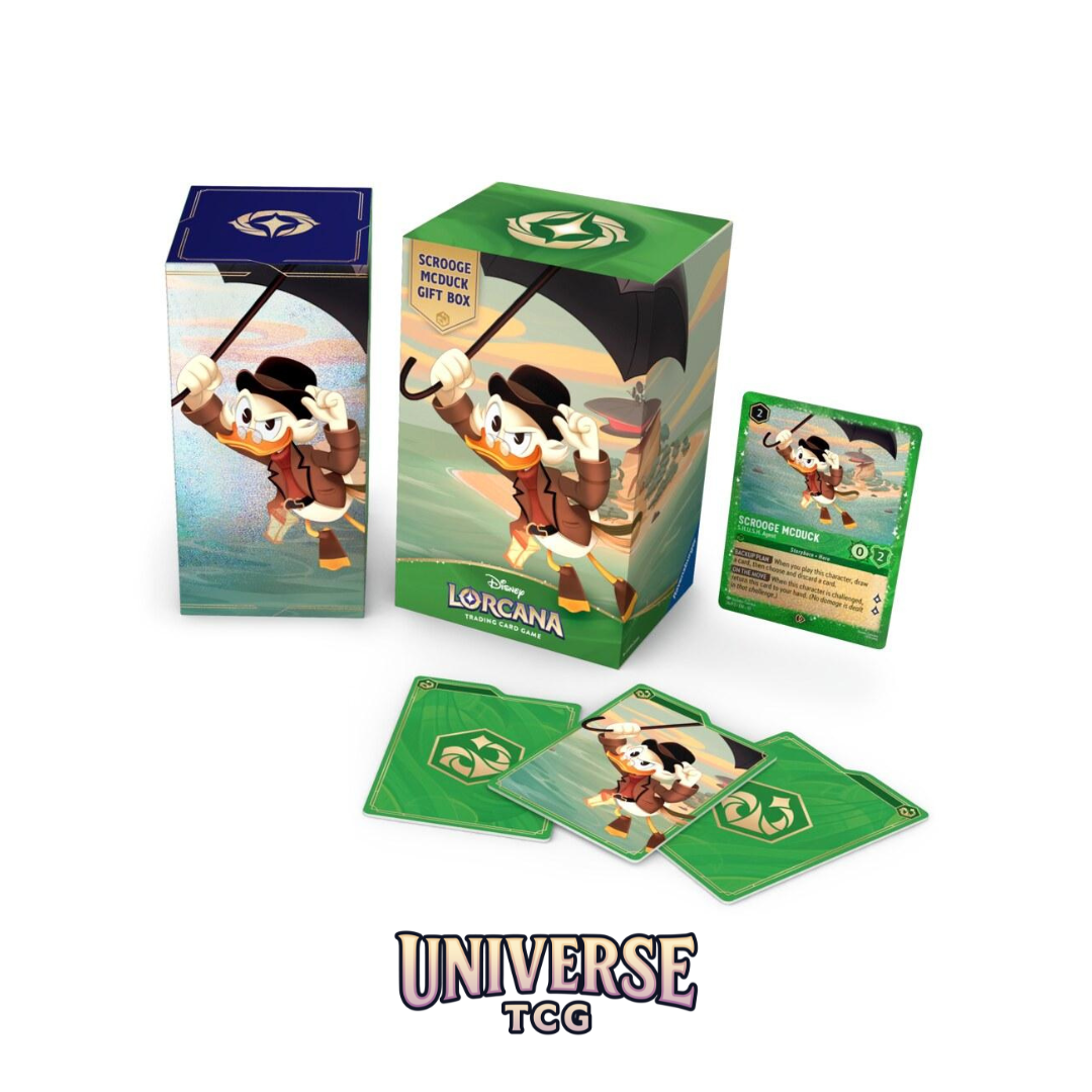 Card game packaging with character illustration and 'Universe TCG' branding scrouge McDuck set Winterspell Lorcana Disney Trading Card Game includes promo card and dividers foiled box full product showcase