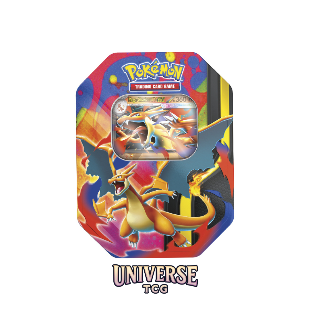 Pokémon trading card game packaging with colorful design and character illustrations on a white background. Mega Charizard X Mega Charizard Y Tin Spring 2026