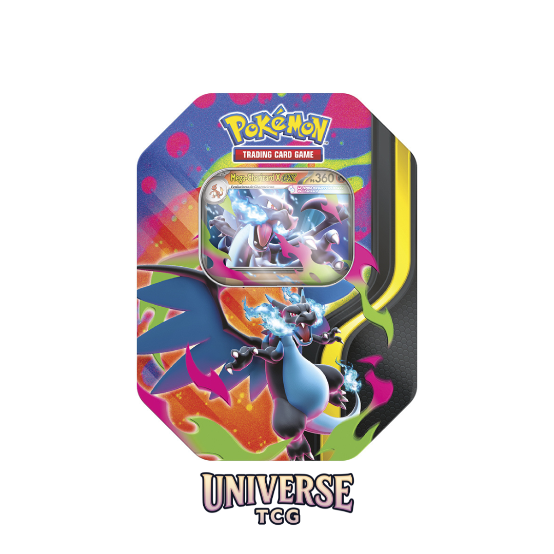 Pokémon trading card game packaging with colorful design and Pokémon characters. Mega Charizard X Mega Charizard Y Tin Spring 2026
