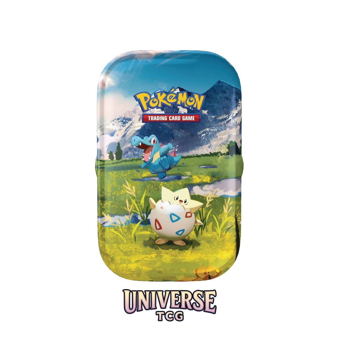 Pokémon trading card game tin with two characters on a grassy field background Mini Tin Ascended Heroes Heroes Ascendentes Min Lata  Togepi Totodile