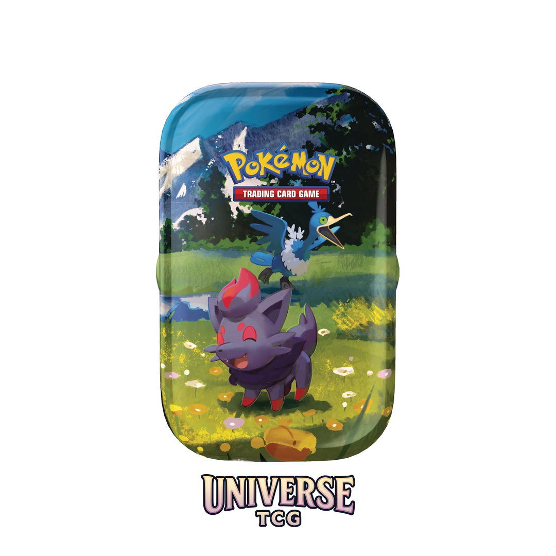 Pokémon Trading Card Game tin with cartoon characters on a grassy field background Mini Tin Ascended Heroes Heroes Ascendentes Min Lata  Zorua Cramorant