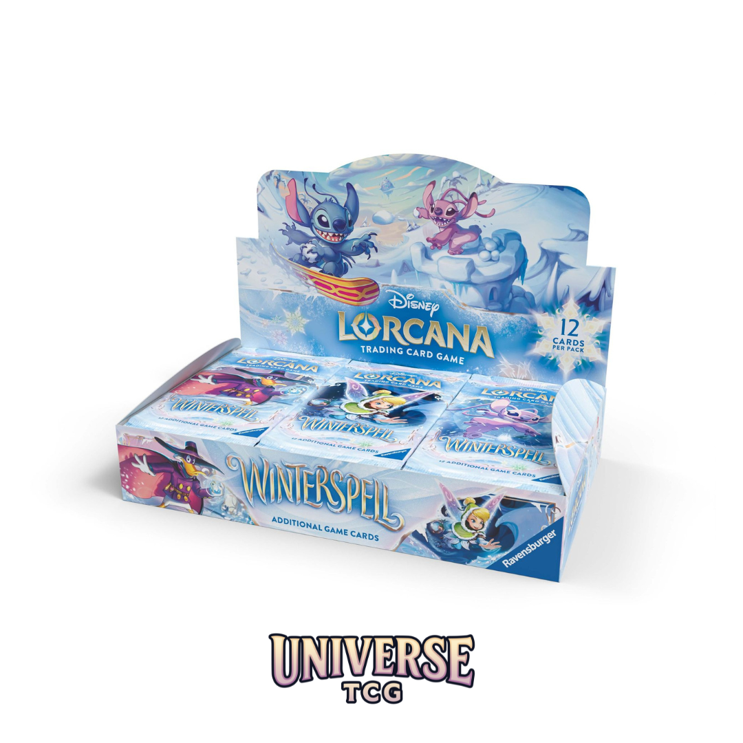 Box of Disney Lorcana trading card game Winterspell packs booster box on a white background