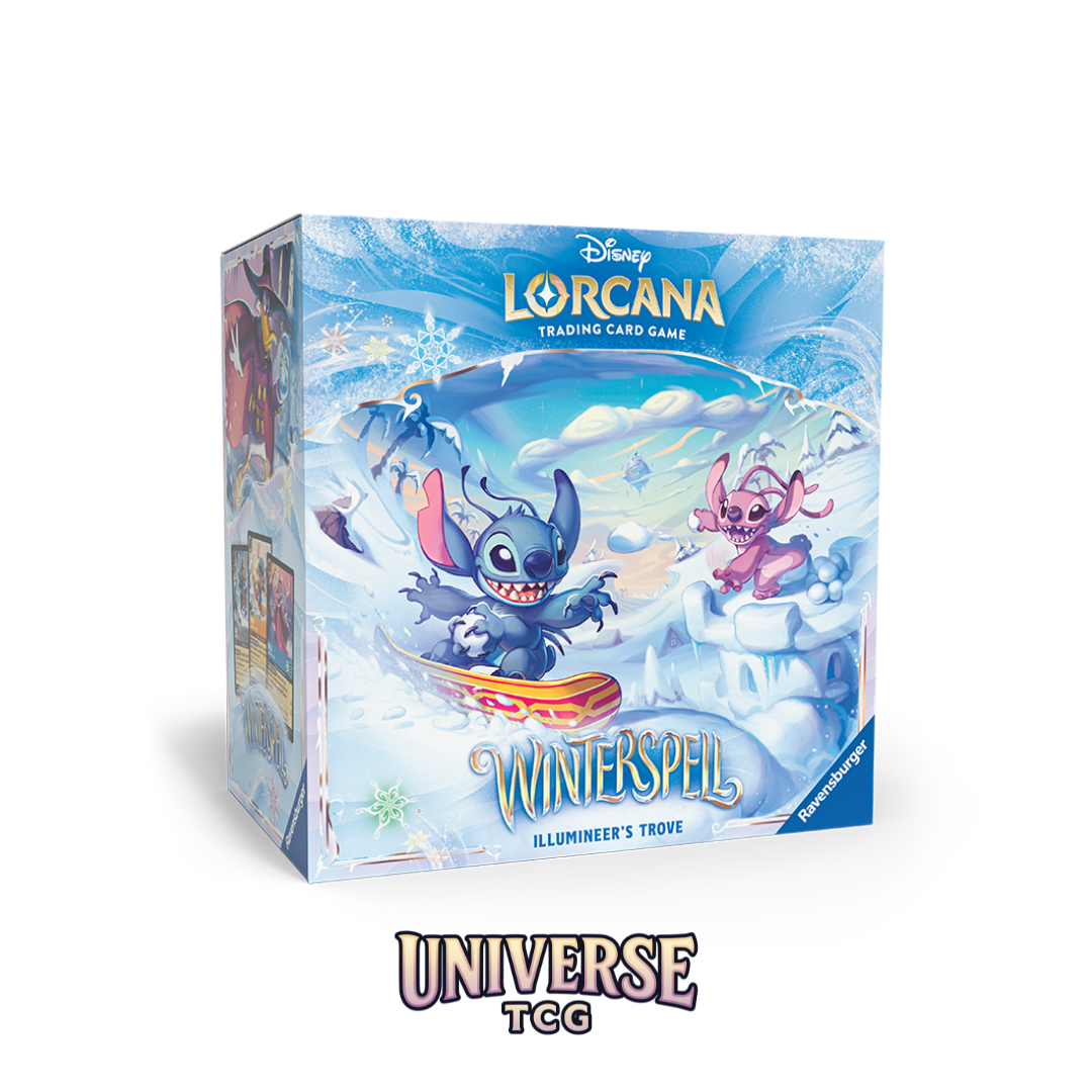 Disney Lorcana trading card game box featuring Stitch on a white background Illumineer's trove winterspell universe tcg