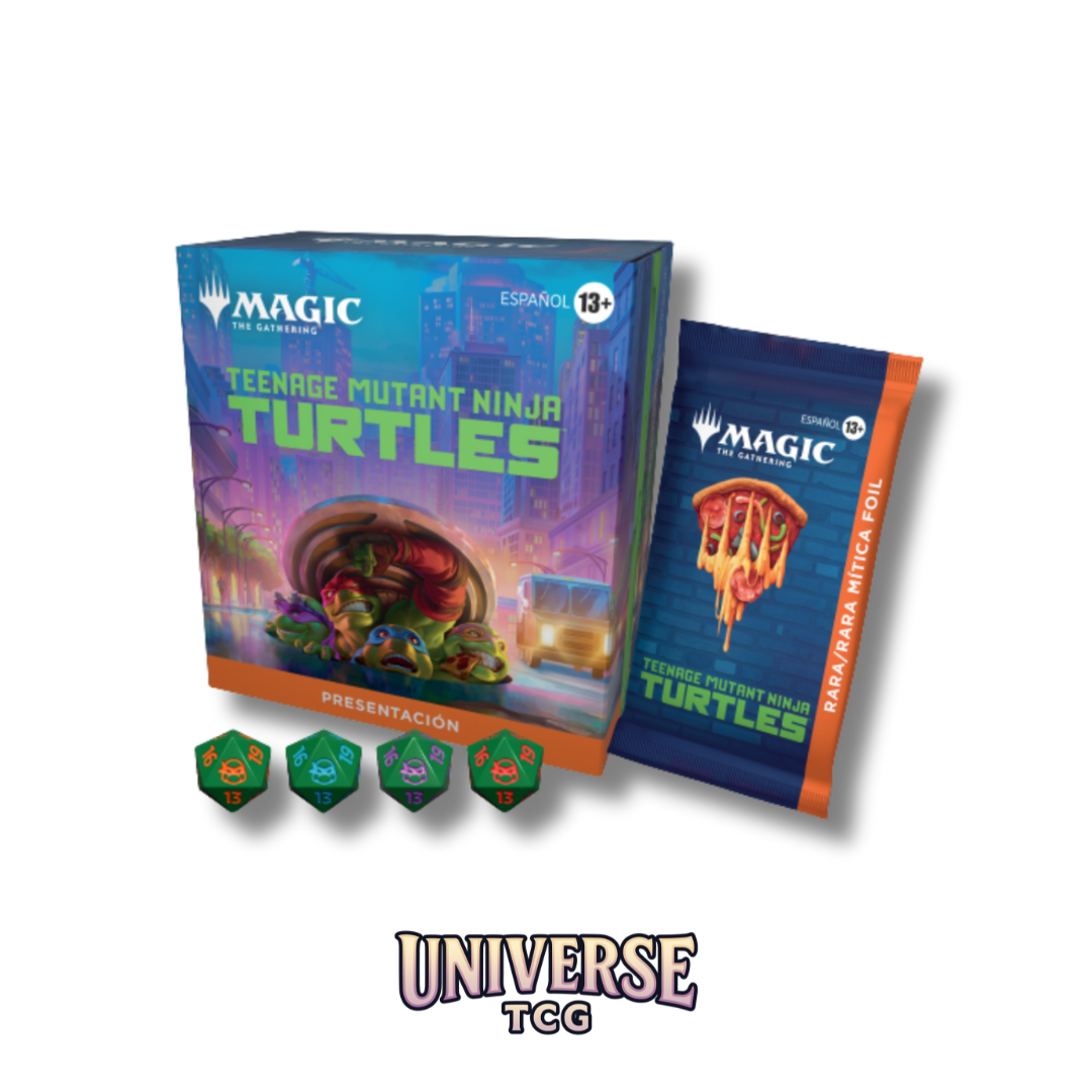 Two 'Magic: The Gathering' trading card game packs featuring Teenage Mutant Ninja Turtles on a white background. TMNT MTG presentación en español kit de presentación.