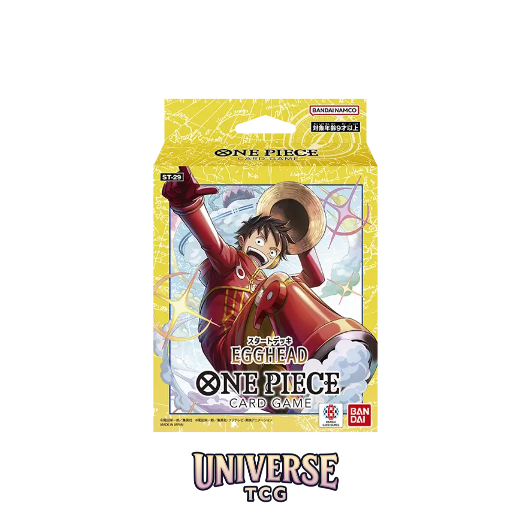 Caja del Starter Deck One Piece Card Game Egghead ST-29 con Monkey D. Luffy, producto oficial de Bandai Namco, fondo amarillo, presentación de mazo inicial.