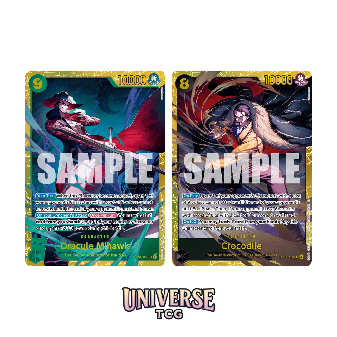 Two trading cards with 'SAMPLE' text on a white background, featuring characters from 'Universe TCG'. One Piece Trading Card Game OP14 The Azure Sea's Seven. Dracule Mihawk and Crocodile