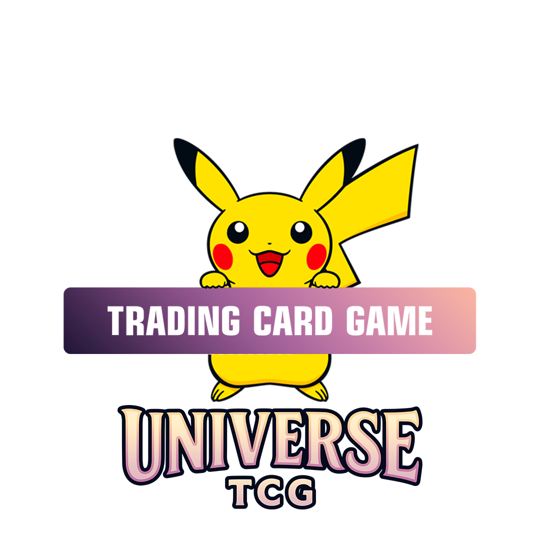 Pikachu holding a 'Trading Card Game Universe TCG' sign on a white background