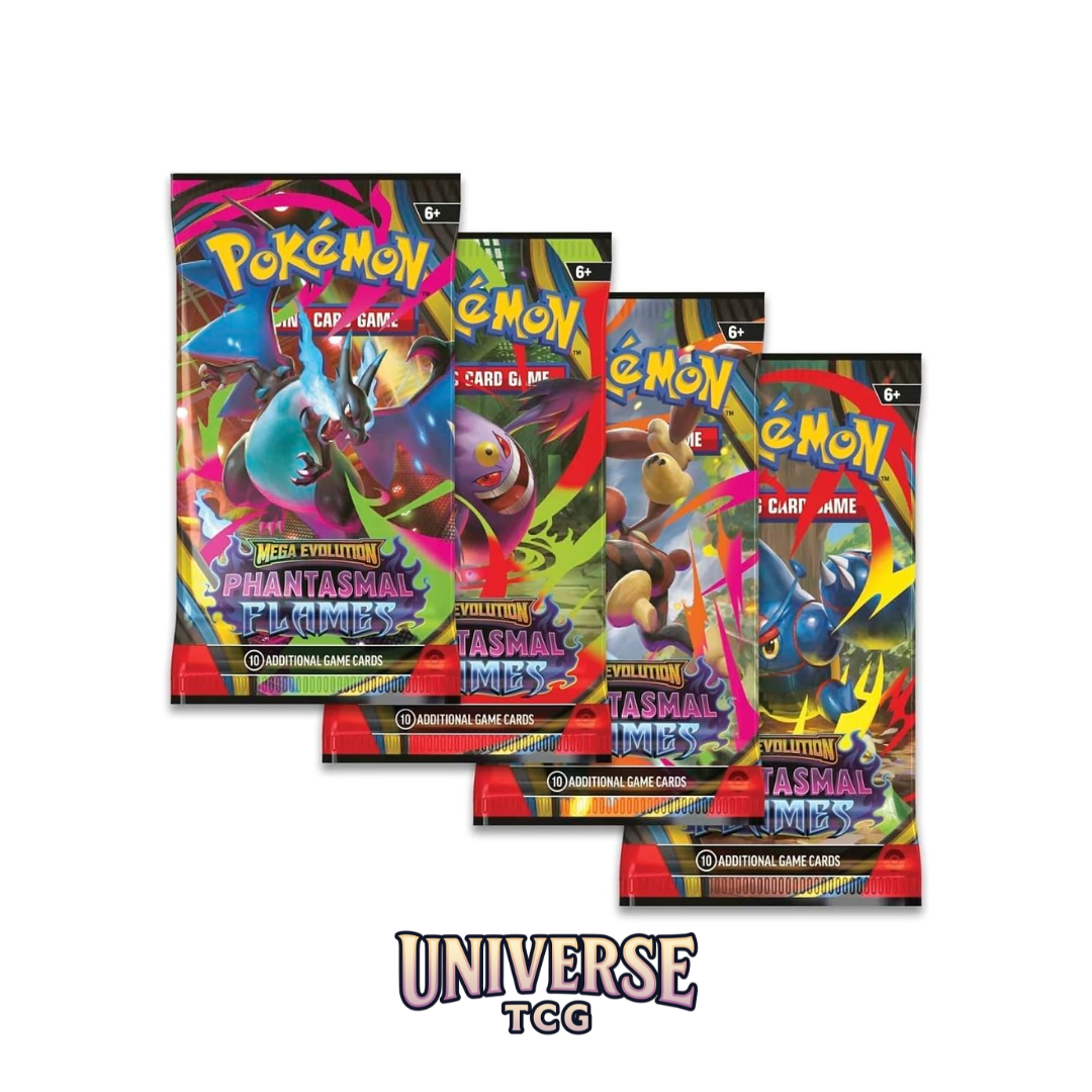 Four Pokémon trading card game packs on a white background with 'Universe TCG' branding. Phantasmal flames charizard booster pack at universe tcg