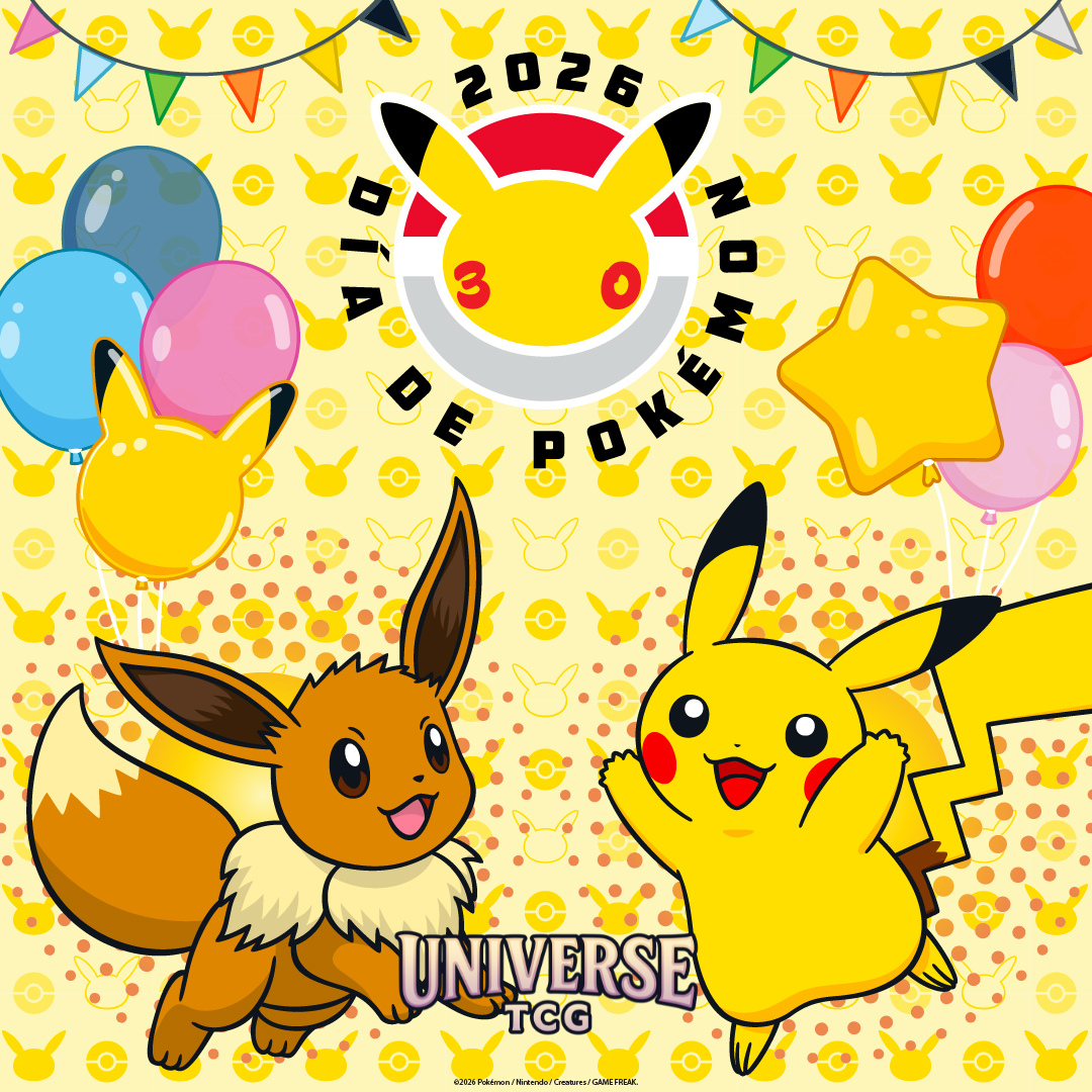 Promotional poster for a Pokémon event featuring Eevee and Pikachu on a yellow background with balloons and party decorations. Pokémon Day día de evento en Universe TCG Barcelona Mollet del Vallès