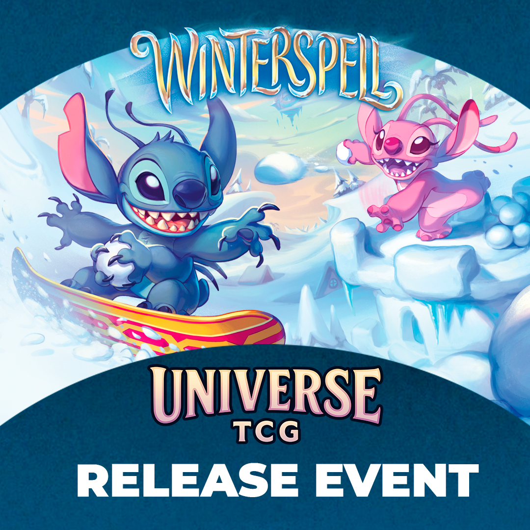 Promotional graphic for 'Winterspell' Universe TCG release event featuring cartoon characters on a snowy background.