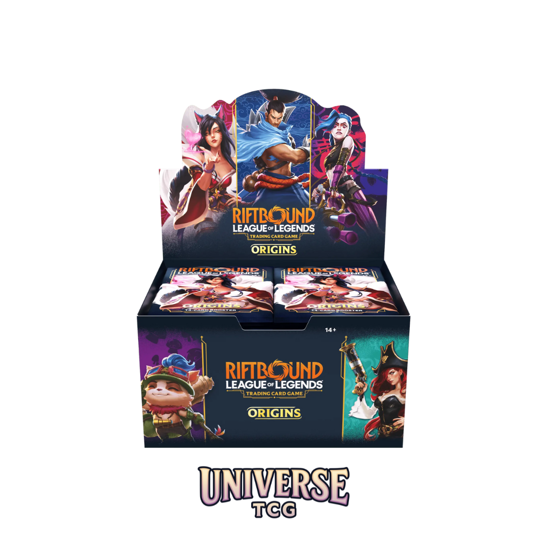 Display box of 'Riftbound League of Legends Origins' trading cards with character illustrations on a white background.
