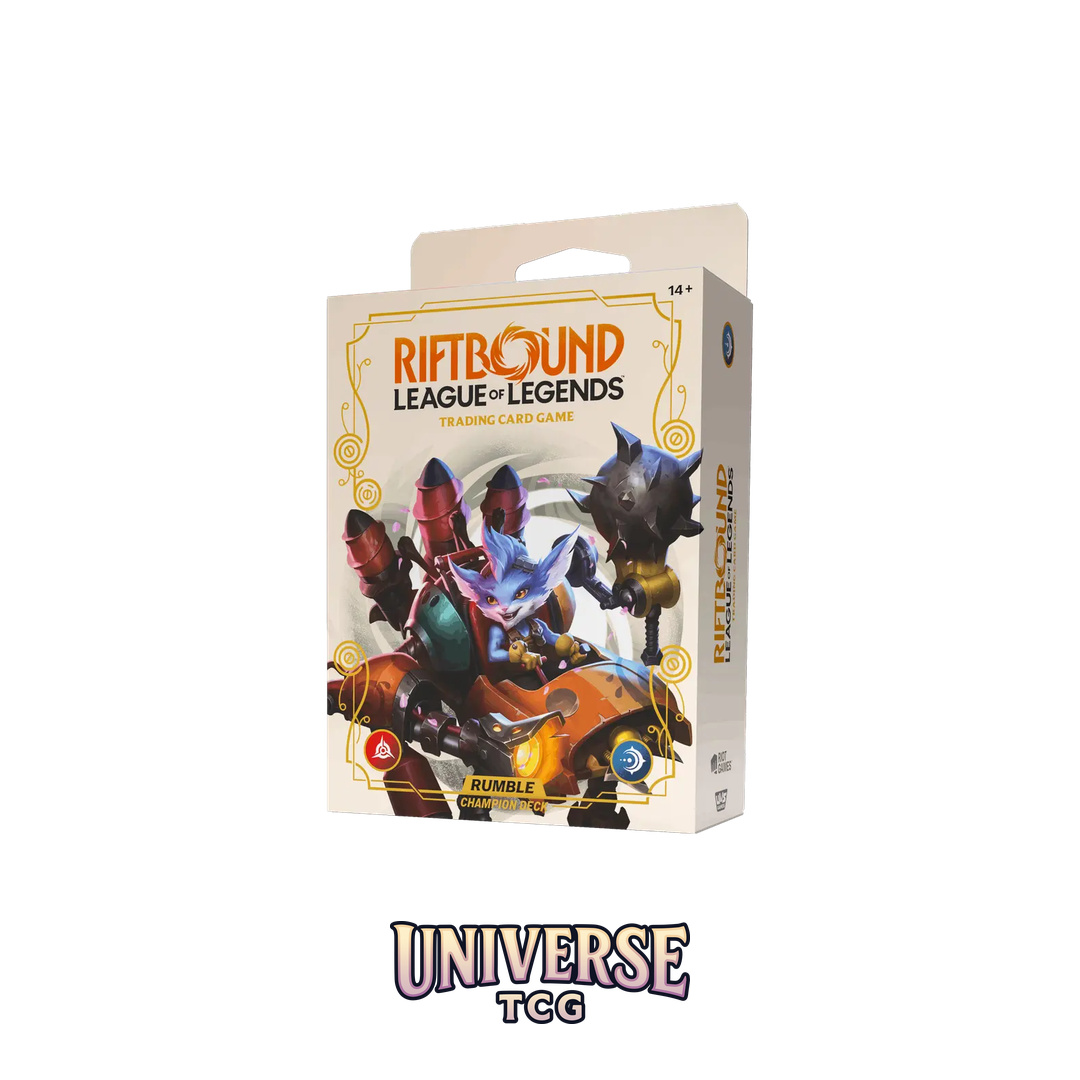 Card game packaging for 'Riftbound League of Legends' by Universe TCG on a white background Champion Deck Rumble Spiritforged