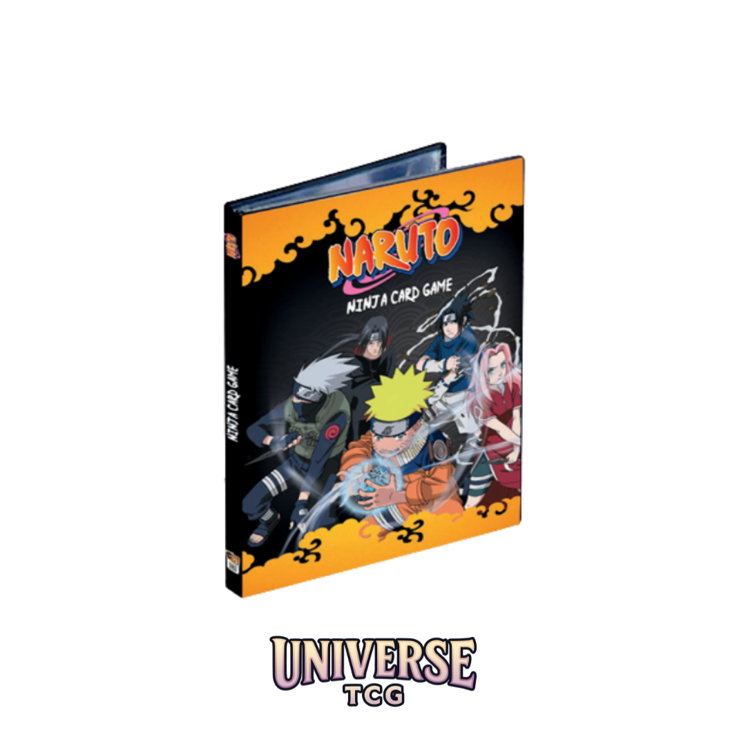 Naruto card game binder with characters on a white background primera edición Naruto Mythos TCG Konoha Shidō 1ª Edición – sobre oficial de cartas Naruto en Universe TCG Barcelona Álbum binder